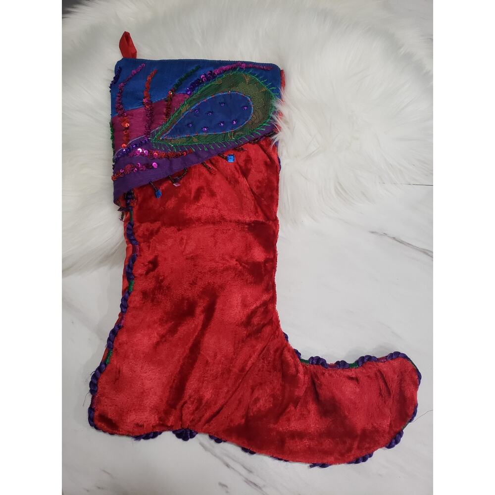 1 PIER 1 IMPORTS Jester Elf Boot Red Purple Peacock Silky Christmas Stocking